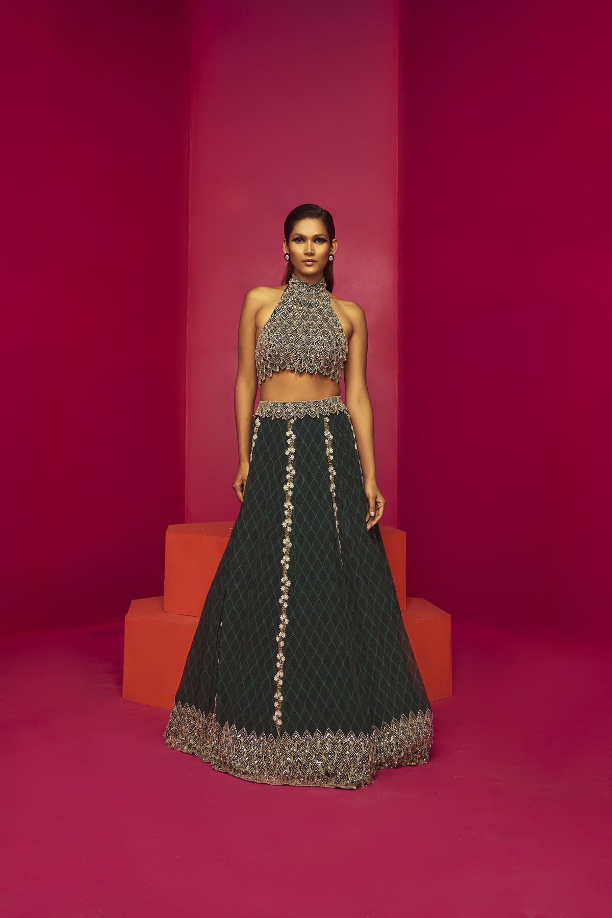 Halter Neck Blouse With Flared Lehenga