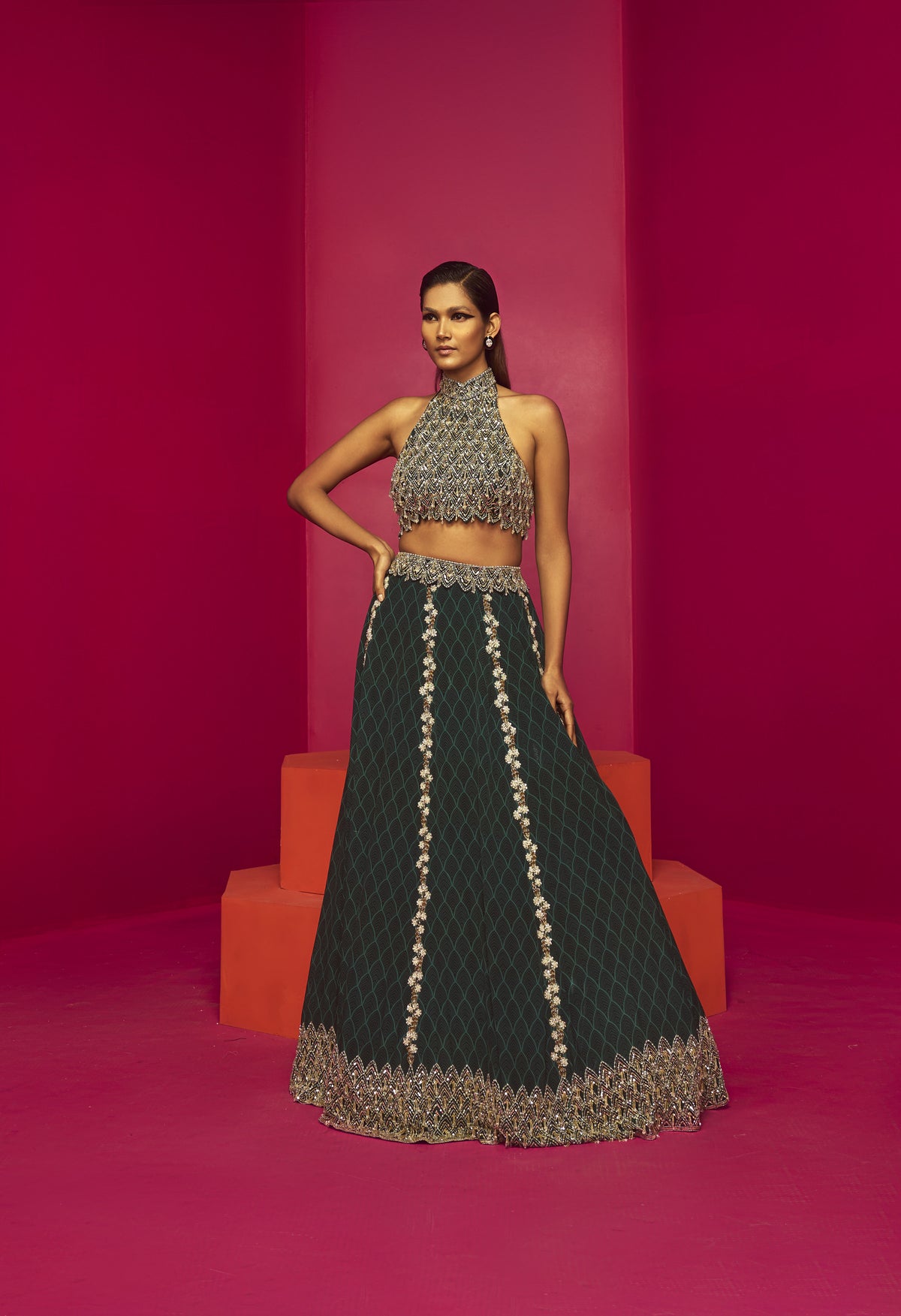 Halter Neck Blouse With Flared Lehenga